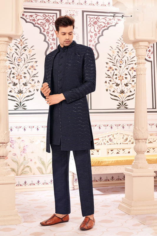 Navy Blue Textured Indo Western Suit for Men with Mandarin Collar - Mangaldeep NX