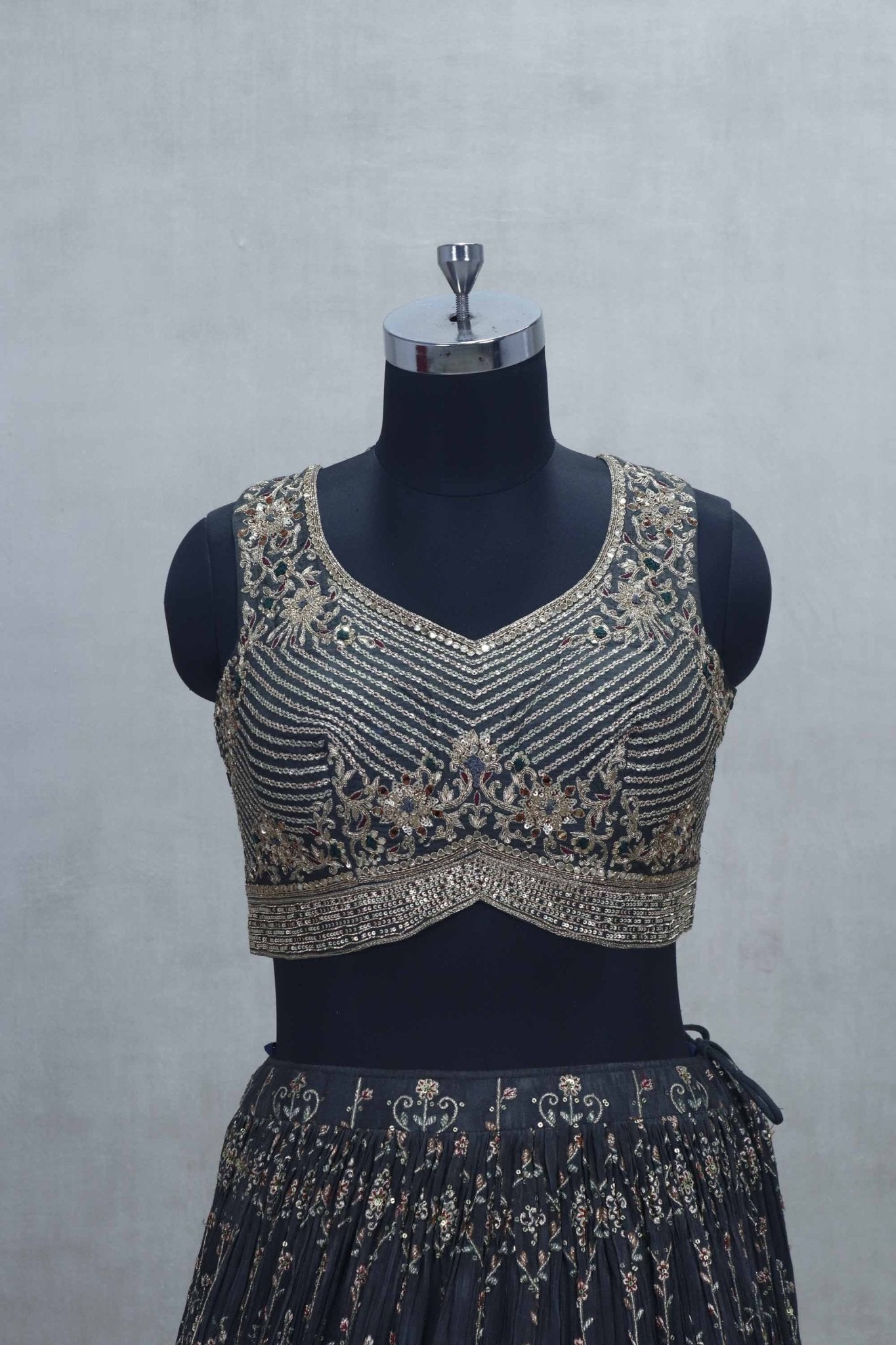 Navy Blue Thread Embroidered Lehenga Choli with Striped Sequin Blouse and Red Dupatta - Mangaldeep NX