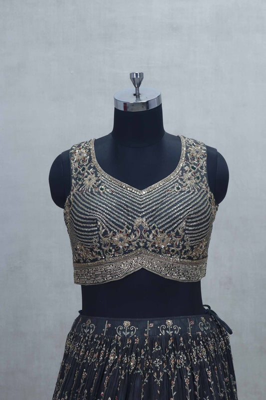Navy Blue Thread Embroidered Lehenga Choli with Striped Sequin Blouse and Red Dupatta - Mangaldeep NX