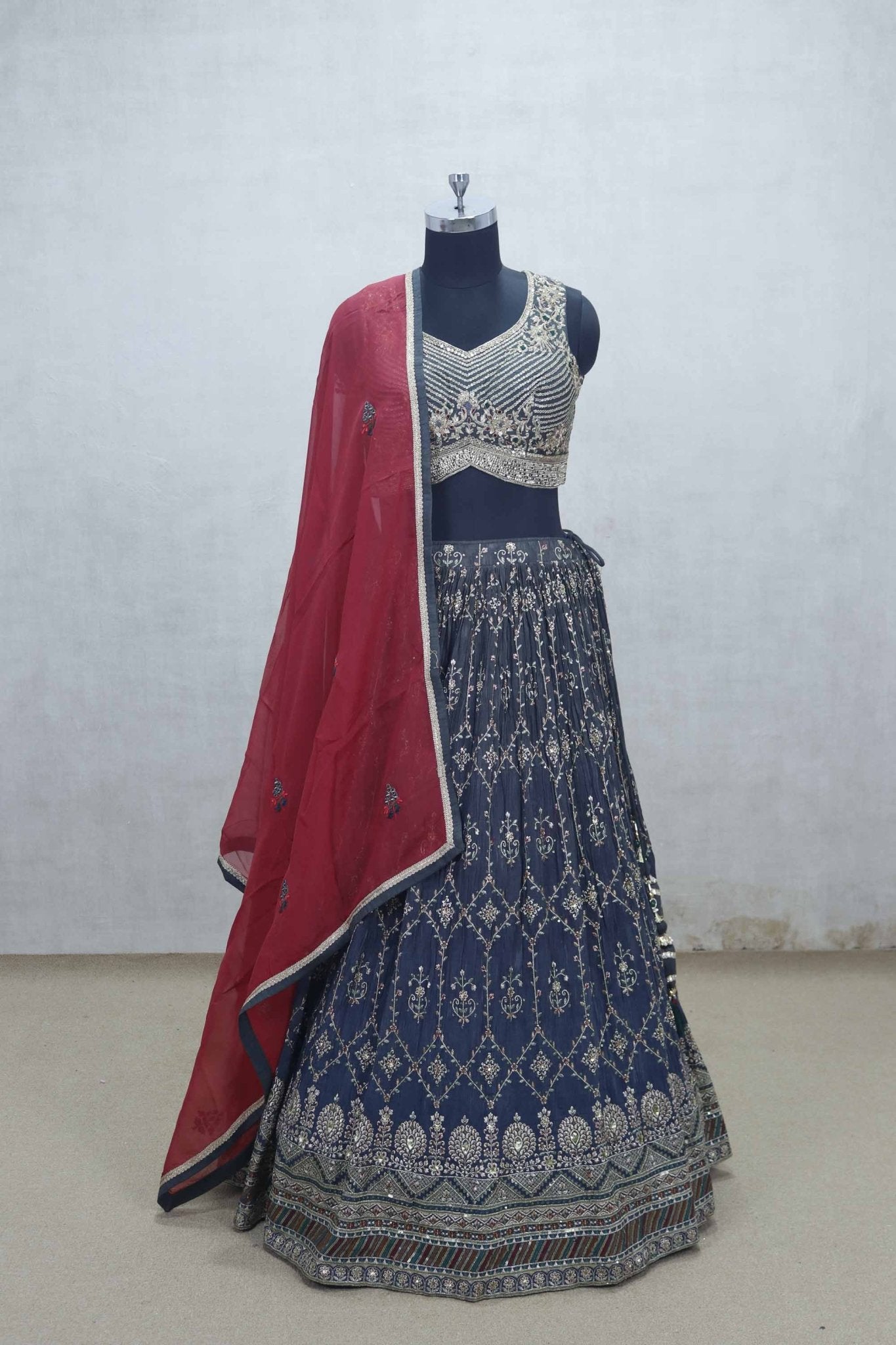 Navy Blue Thread Embroidered Lehenga Choli with Striped Sequin Blouse and Red Dupatta - Mangaldeep NX