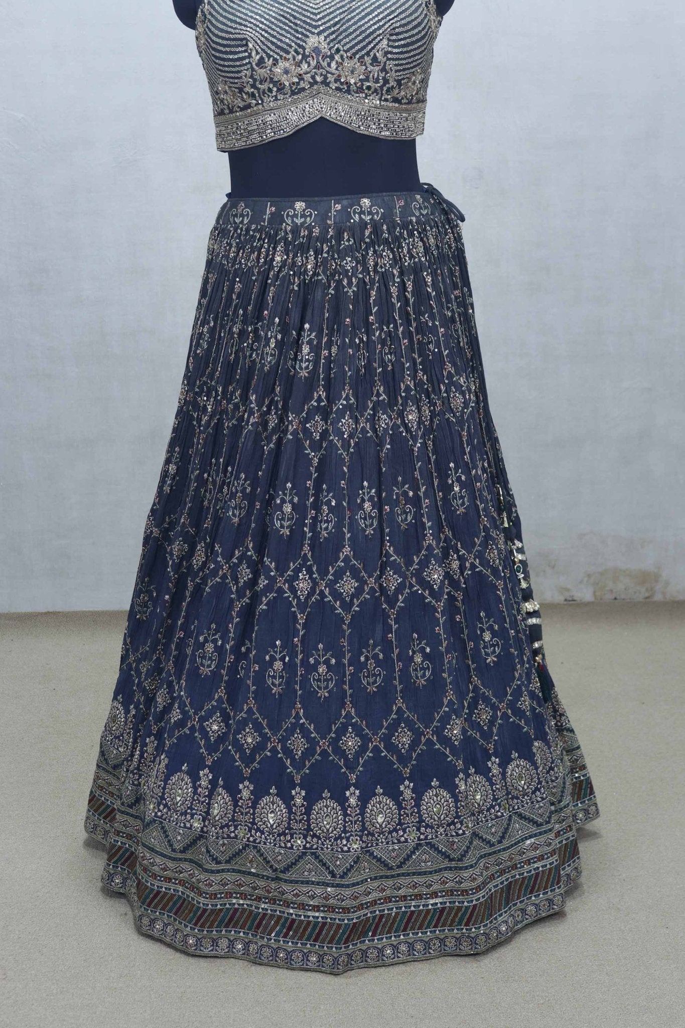 Navy Blue Thread Embroidered Lehenga Choli with Striped Sequin Blouse and Red Dupatta - Mangaldeep NX