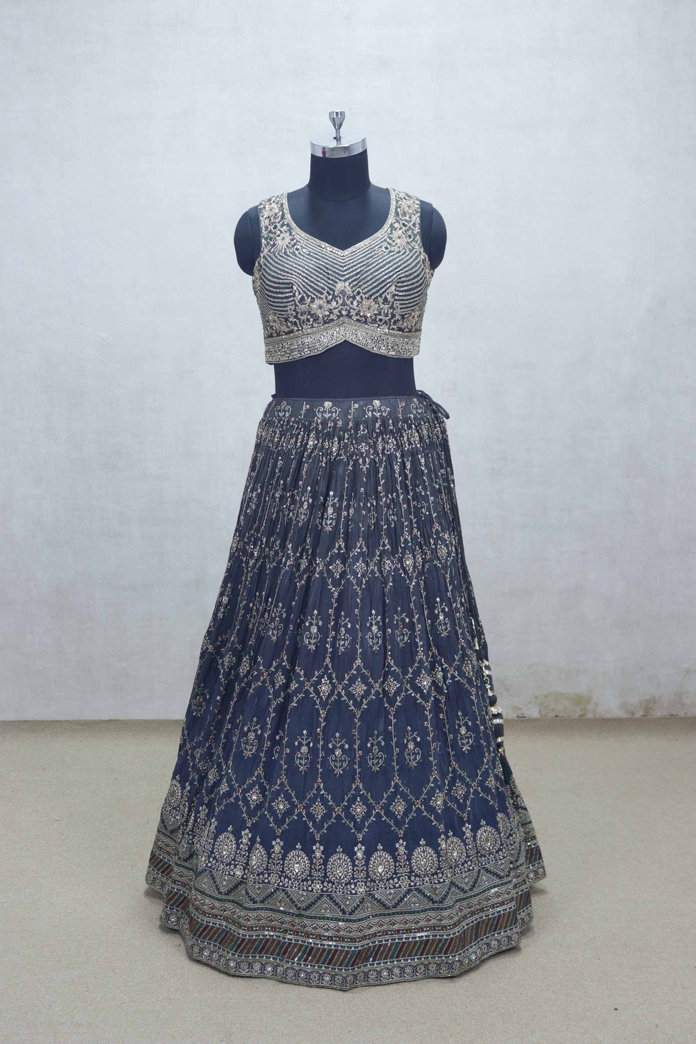 Navy Blue Thread Embroidered Lehenga Choli with Striped Sequin Blouse and Red Dupatta - Mangaldeep NX
