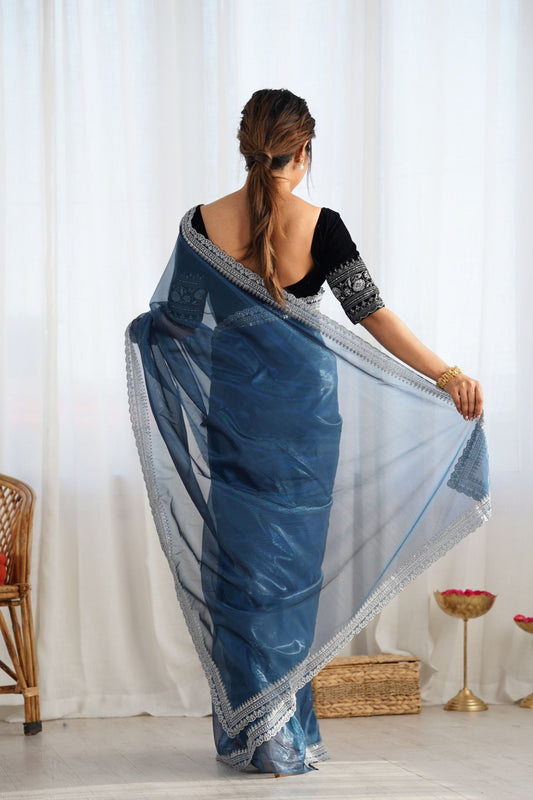 Navy Blue Twill Net Saree with Silver Sequin Border and Black Velvet Blouse - Mangaldeep NX