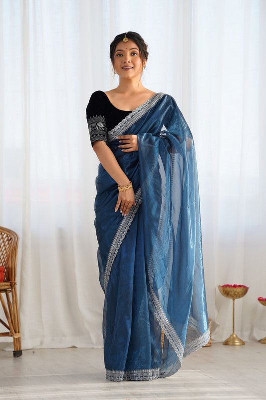 Navy Blue Twill Net Saree with Silver Sequin Border and Black Velvet Blouse - Mangaldeep NX