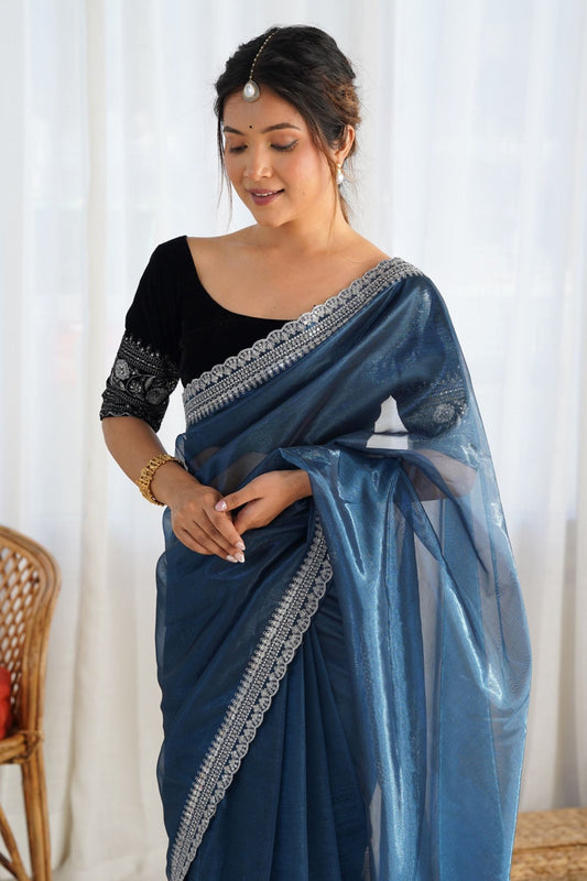 Navy Blue Twill Net Saree with Silver Sequin Border and Black Velvet Blouse - Mangaldeep NX