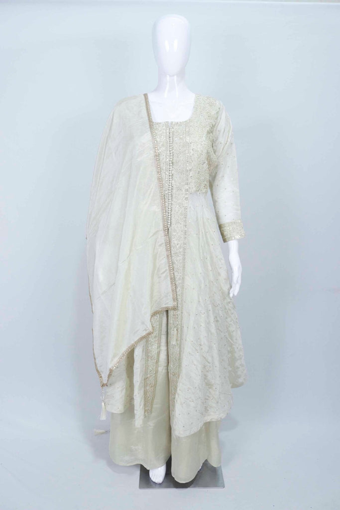 Off White Anarkali Sharara Set for Women Embroidered Ethnic Suit with Dupatta Festive Wedding Wear - Mangaldeep NX