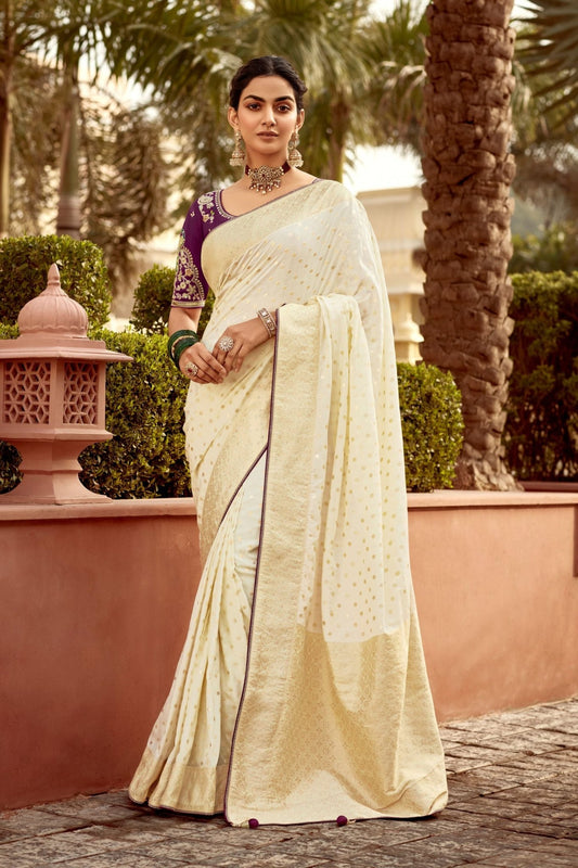Off White Banarasi Silk Saree with Gold Zari Work - Mangaldeep NX