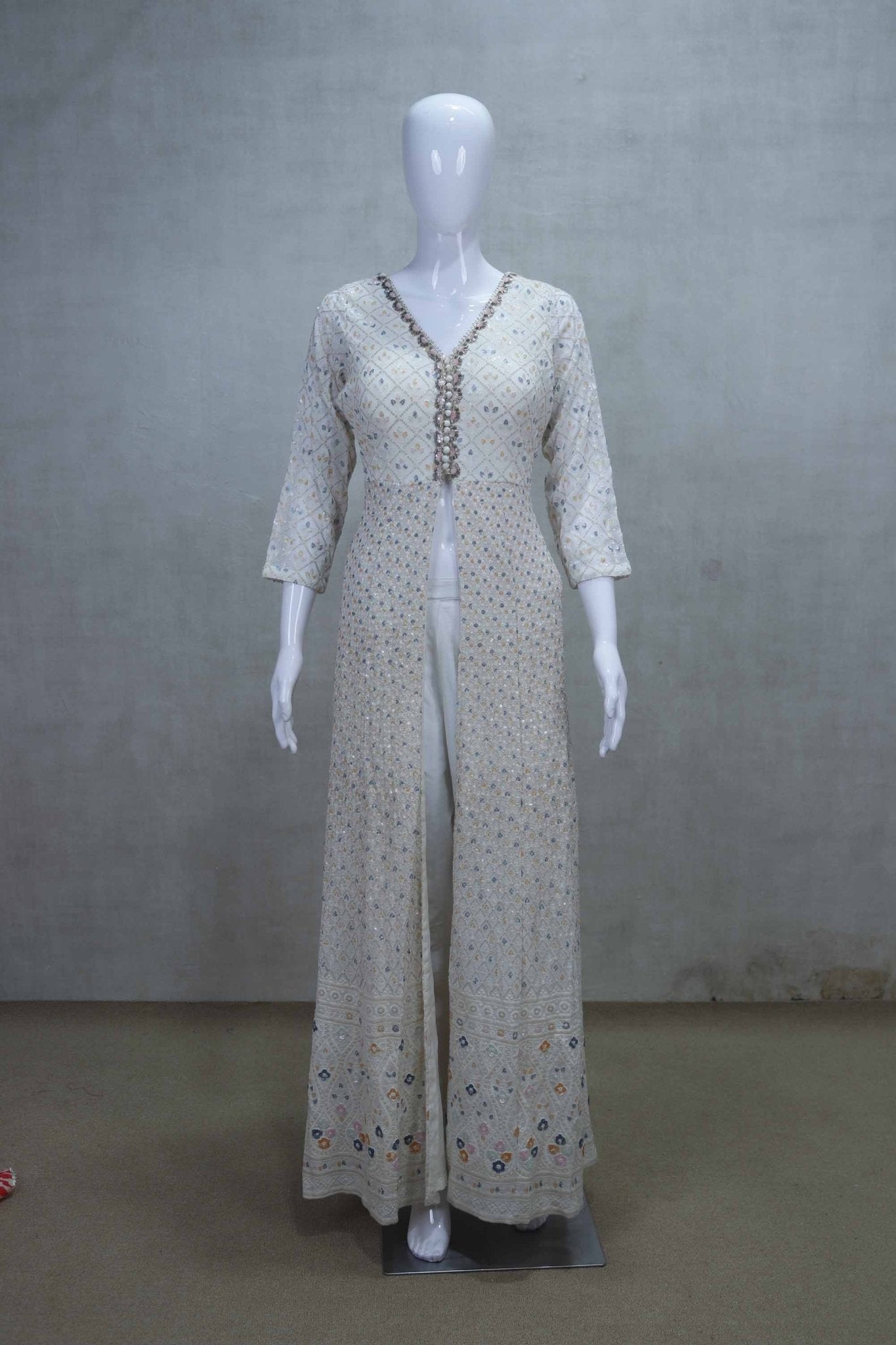 Off - White Chikankari Style Anarkali Suit with Colorful Bandhani Dupatta - Mangaldeep NX