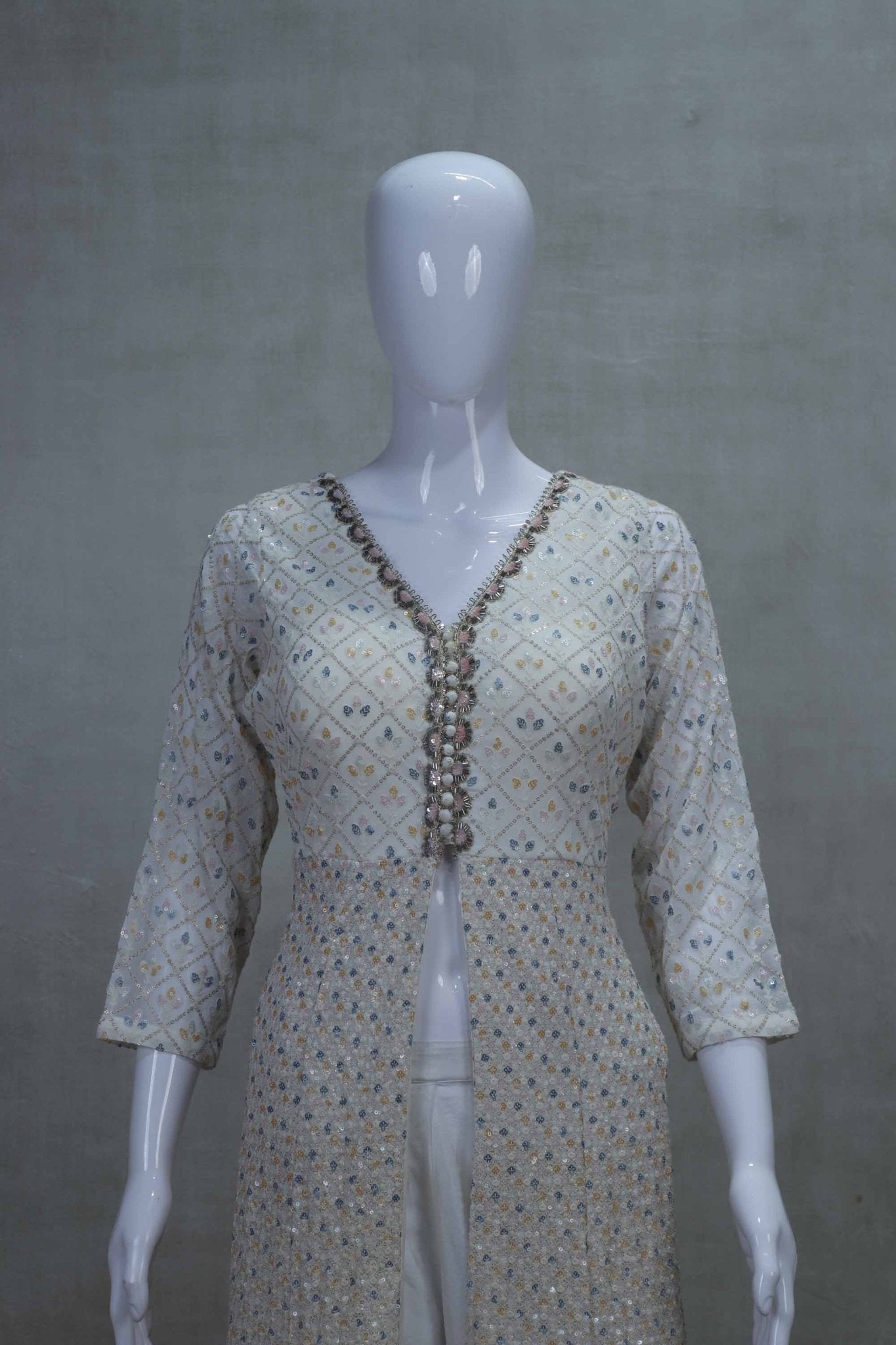 Off - White Chikankari Style Anarkali Suit with Colorful Bandhani Dupatta - Mangaldeep NX