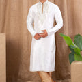 Off - White Embroidered Art Silk Kurta for Men with Beige Pyjama - Mangaldeep NX