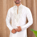 Off - White Embroidered Art Silk Kurta for Men with Beige Pyjama - Mangaldeep NX