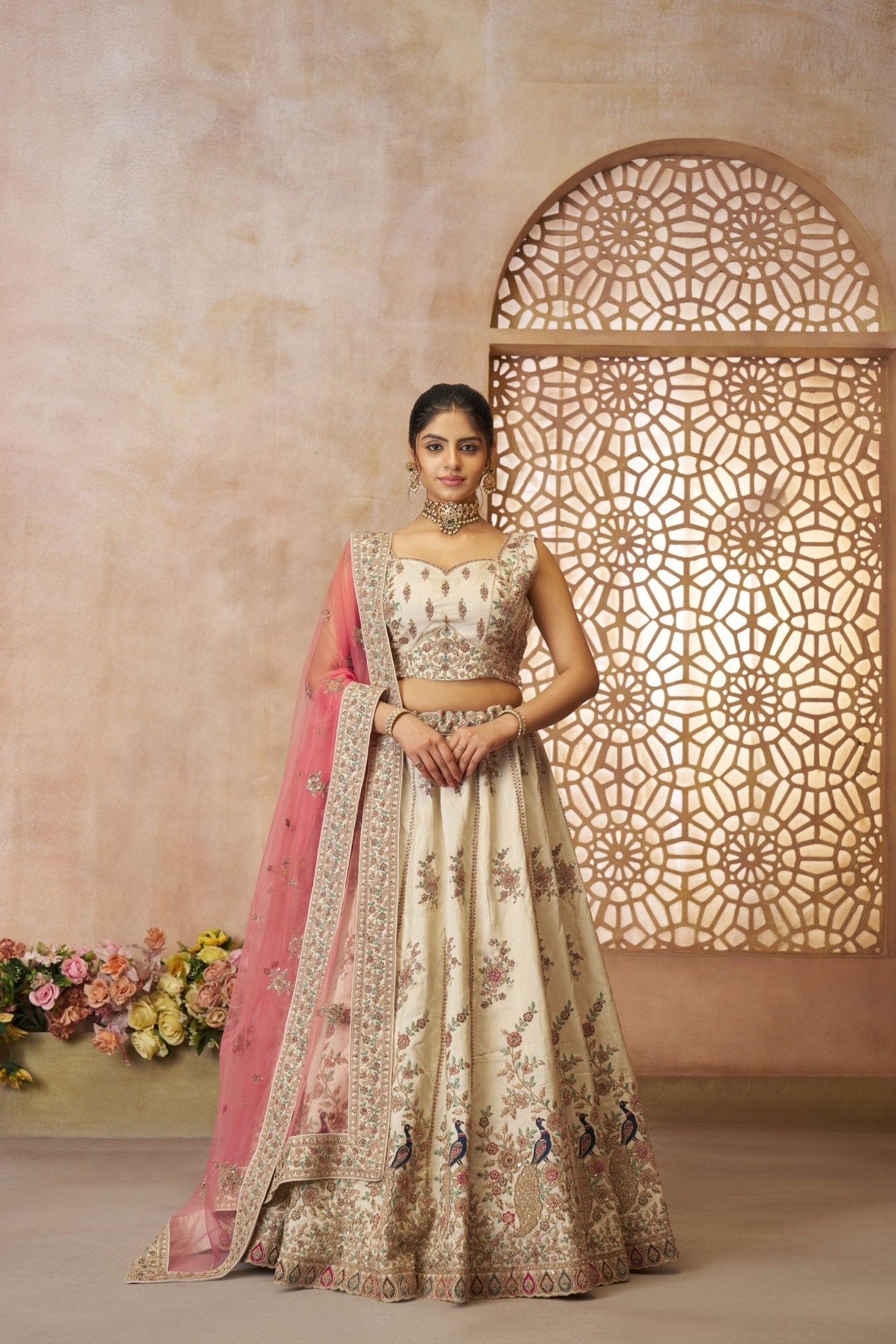 Off - White Embroidered Lehenga Choli with Pink Dupatta - Mangaldeep NX