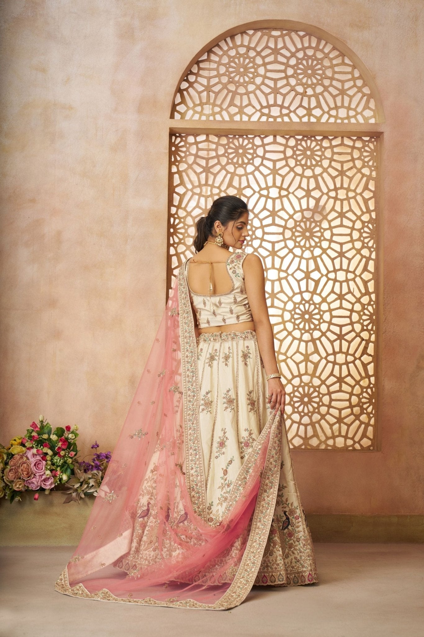 Off - White Embroidered Lehenga Choli with Pink Dupatta - Mangaldeep NX