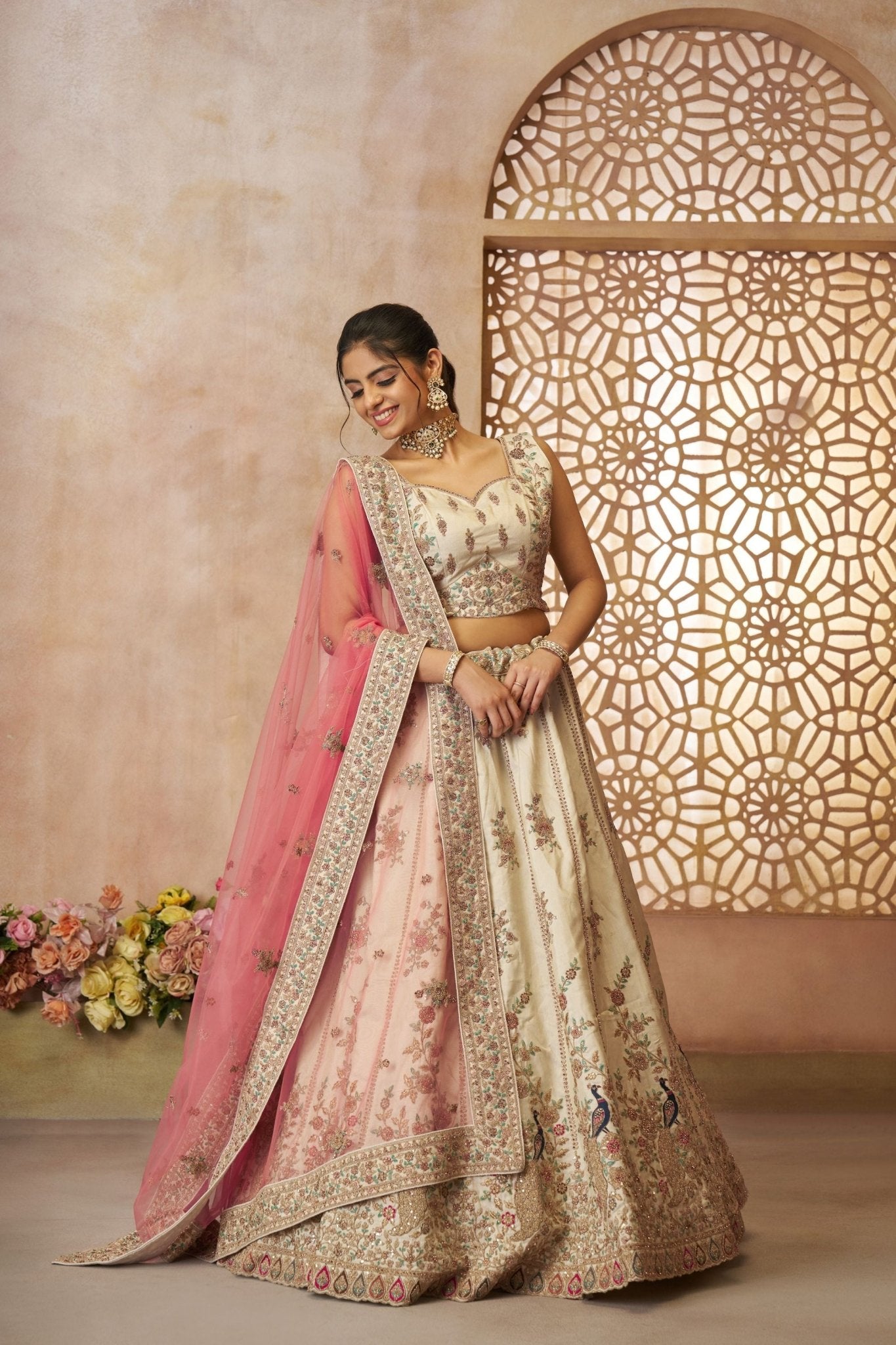 Off - White Embroidered Lehenga Choli with Pink Dupatta - Mangaldeep NX