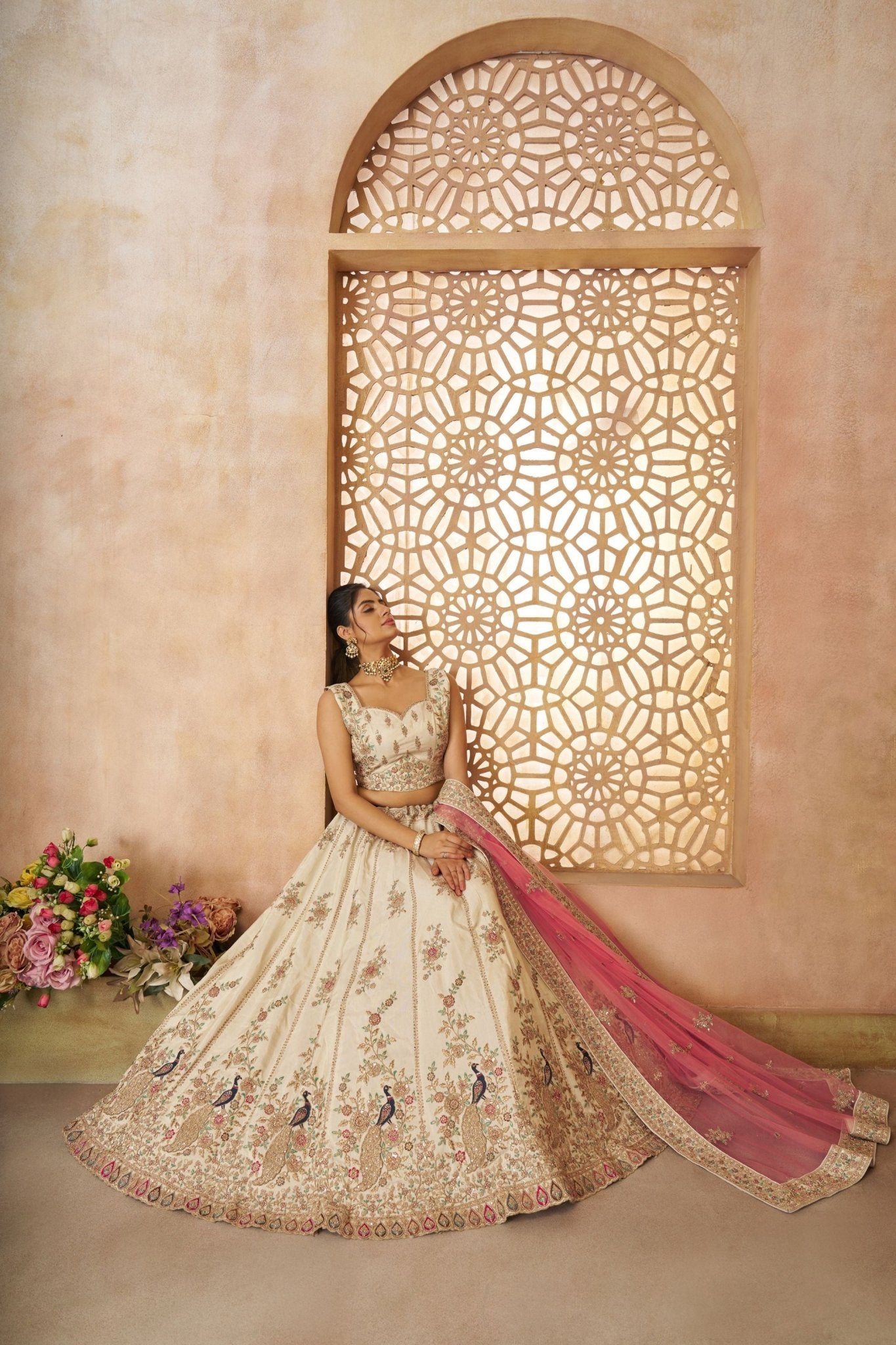Off - White Embroidered Lehenga Choli with Pink Dupatta - Mangaldeep NX