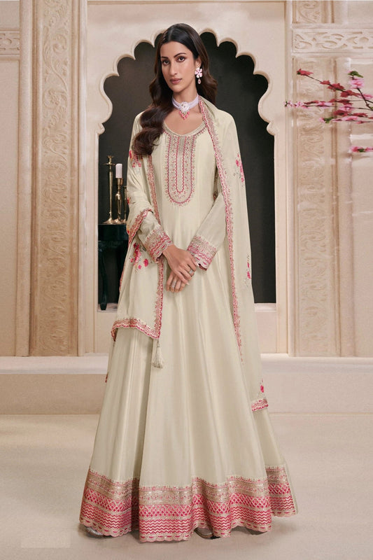 Off - White Embroidered Silk Semi Stitched Anarkali Suit with Dupatta - Mangaldeep NX