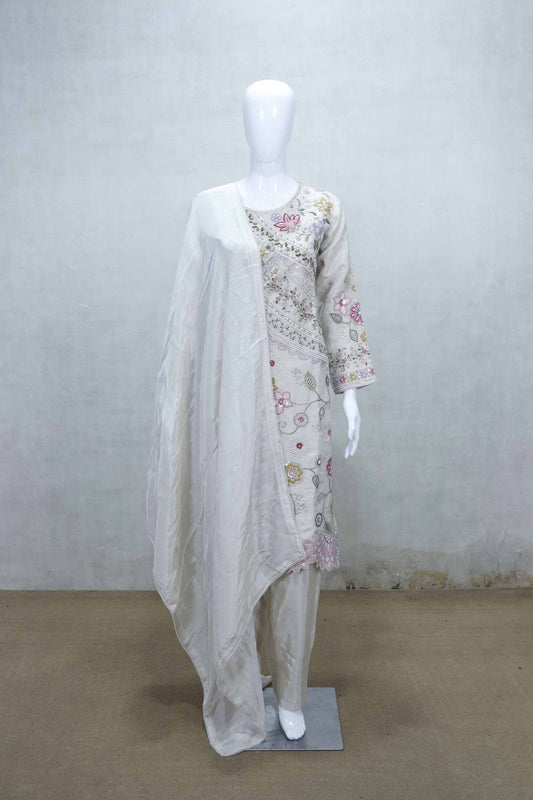 Off - White Embroidered Simar Kurta Set with Floral Thread Work and Matching Dupatta - Mangaldeep NX