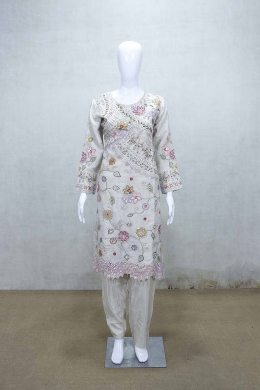 Off - White Embroidered Simar Kurta Set with Floral Thread Work and Matching Dupatta - Mangaldeep NX