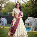Off - White Floral Embroidered Lehenga Choli Set with Contrast Purple Dupatta - Mangaldeep NX