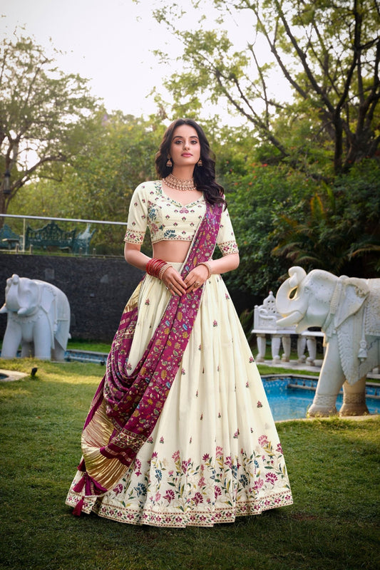 Off - White Floral Embroidered Lehenga Choli Set with Contrast Purple Dupatta - Mangaldeep NX