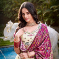 Off - White Floral Embroidered Lehenga Choli Set with Contrast Purple Dupatta - Mangaldeep NX