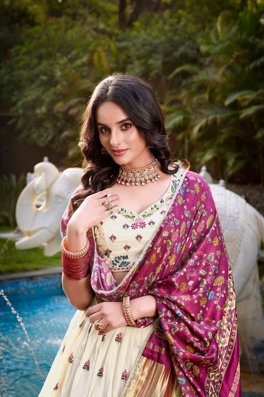 Off - White Floral Embroidered Lehenga Choli Set with Contrast Purple Dupatta - Mangaldeep NX