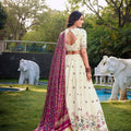 Off - White Floral Embroidered Lehenga Choli Set with Contrast Purple Dupatta - Mangaldeep NX