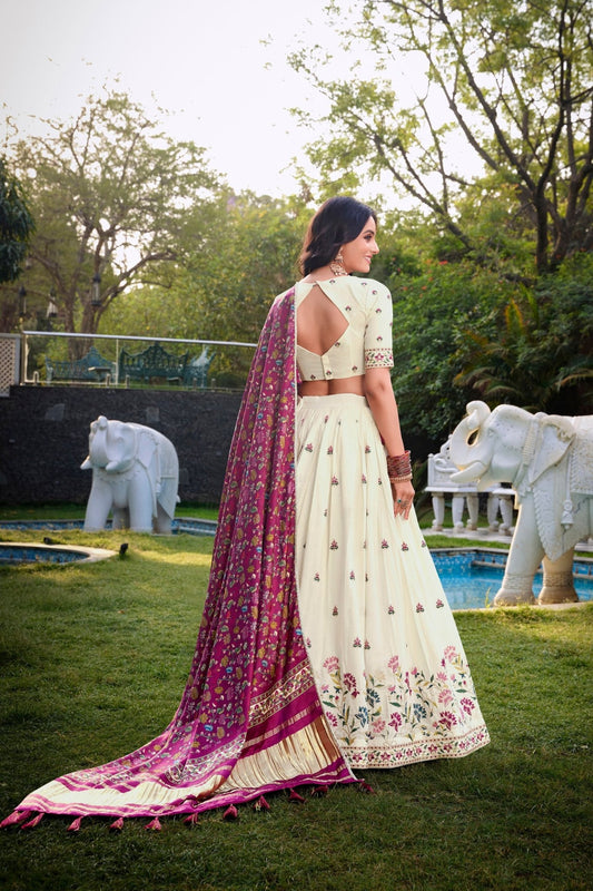 Off - White Floral Embroidered Lehenga Choli Set with Contrast Purple Dupatta - Mangaldeep NX