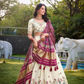 Off - White Floral Embroidered Lehenga Choli Set with Contrast Purple Dupatta - Mangaldeep NX