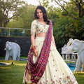 Off - White Floral Embroidered Lehenga Choli Set with Contrast Purple Dupatta - Mangaldeep NX