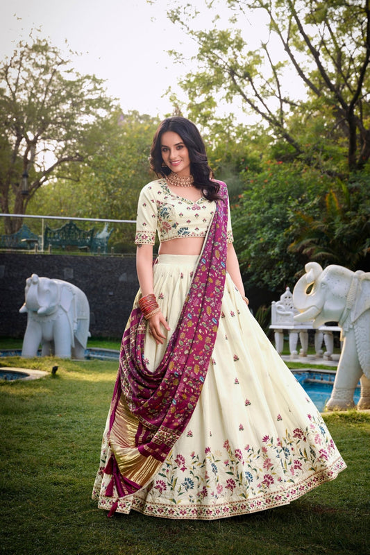 Off - White Floral Embroidered Lehenga Choli Set with Contrast Purple Dupatta - Mangaldeep NX