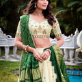 Off - White Geometric Floral Embroidered Lehenga Choli Set with Green Bandhej Dupatta - Mangaldeep NX