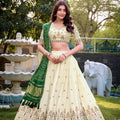 Off - White Geometric Floral Embroidered Lehenga Choli Set with Green Bandhej Dupatta - Mangaldeep NX