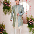 Off - White Kurta Set with Sky Blue and Gold Brocade Patterned Indo - Western Jacket for Men - Mangaldeep NX