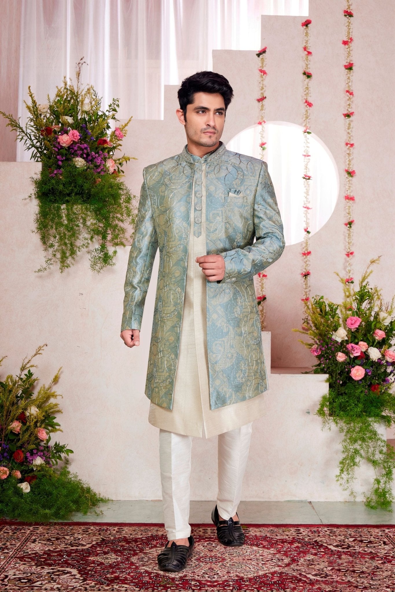 Off - White Kurta Set with Sky Blue and Gold Brocade Patterned Indo - Western Jacket for Men - Mangaldeep NX