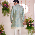 Off - White Kurta Set with Sky Blue and Gold Brocade Patterned Indo - Western Jacket for Men - Mangaldeep NX