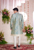 Off - White Kurta Set with Sky Blue and Gold Brocade Patterned Indo - Western Jacket for Men - Mangaldeep NX