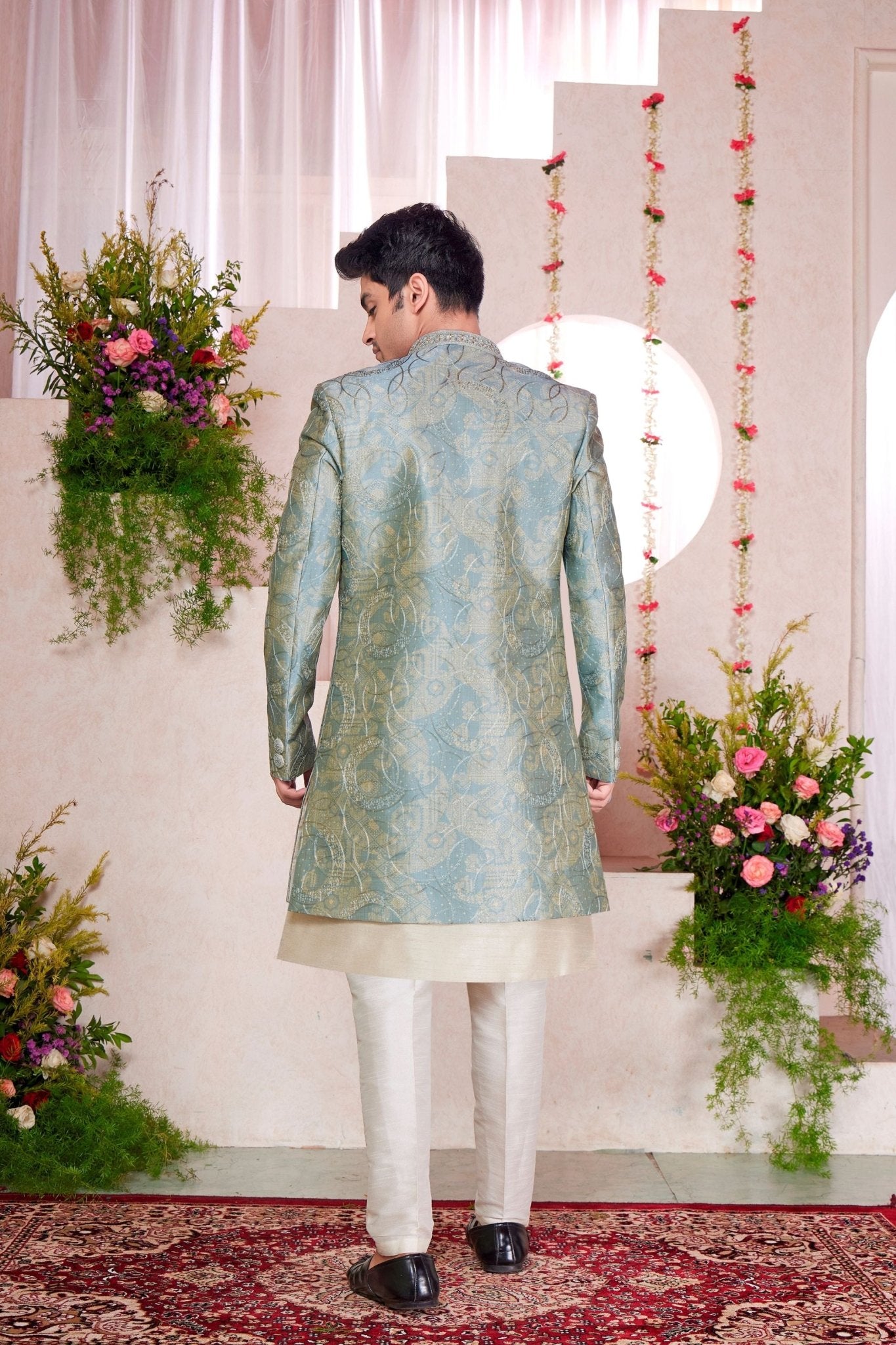 Off - White Kurta Set with Sky Blue and Gold Brocade Patterned Indo - Western Jacket for Men - Mangaldeep NX