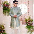 Off - White Kurta Set with Sky Blue and Gold Brocade Patterned Indo - Western Jacket for Men - Mangaldeep NX