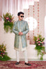Off - White Kurta Set with Sky Blue and Gold Brocade Patterned Indo - Western Jacket for Men - Mangaldeep NX