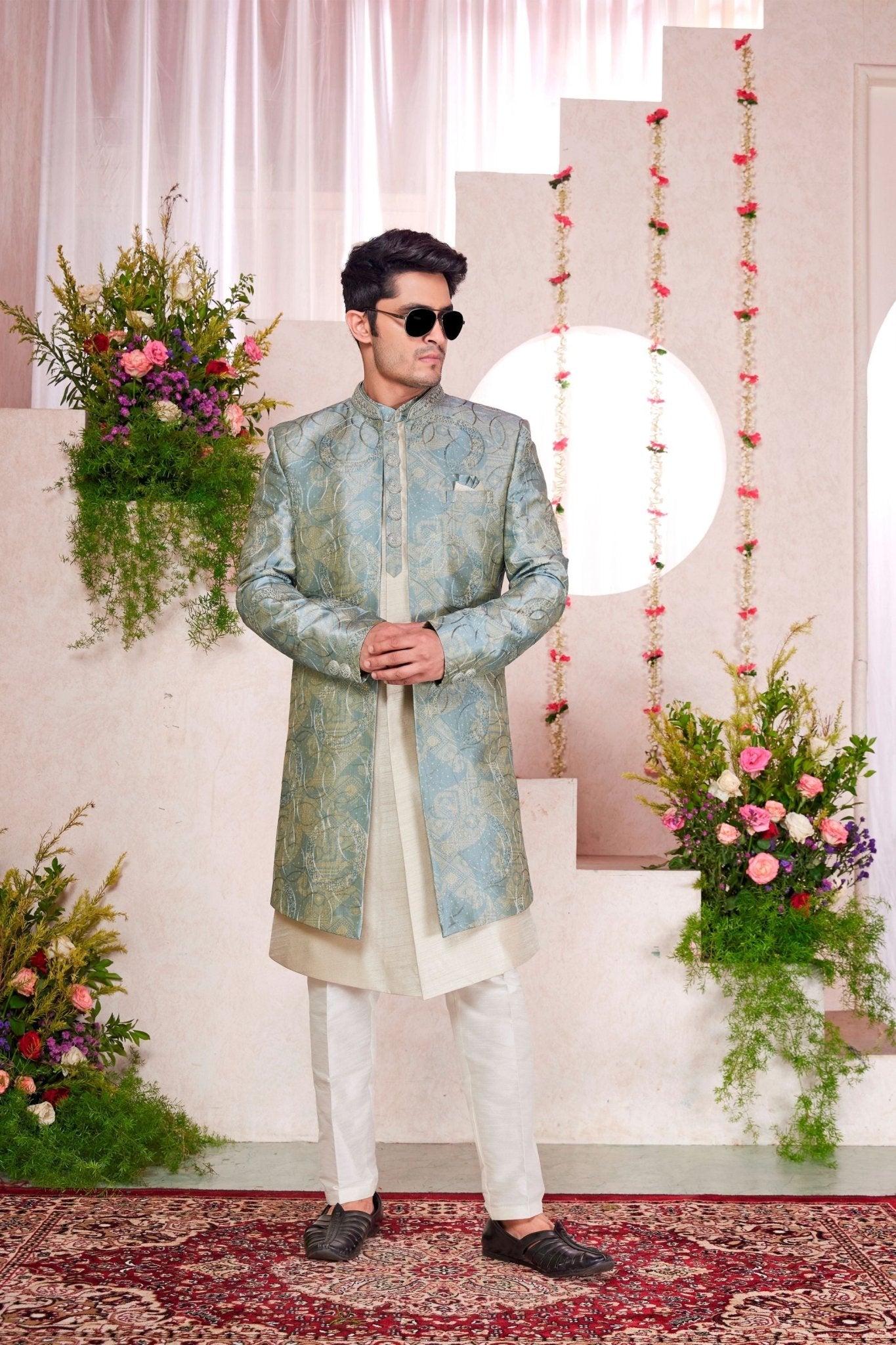 Off - White Kurta Set with Sky Blue and Gold Brocade Patterned Indo - Western Jacket for Men - Mangaldeep NX