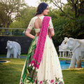Off - White Lotus Motif Embroidered Lehenga Choli Set with Green and Pink Contrast Dupatta - Mangaldeep NX