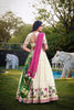 Off - White Lotus Motif Embroidered Lehenga Choli Set with Green and Pink Contrast Dupatta - Mangaldeep NX