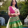 Off - White Lotus Motif Embroidered Lehenga Choli Set with Green and Pink Contrast Dupatta - Mangaldeep NX