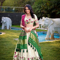 Off - White Lotus Motif Embroidered Lehenga Choli Set with Green and Pink Contrast Dupatta - Mangaldeep NX
