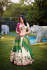Off - White Lotus Motif Embroidered Lehenga Choli Set with Green and Pink Contrast Dupatta - Mangaldeep NX