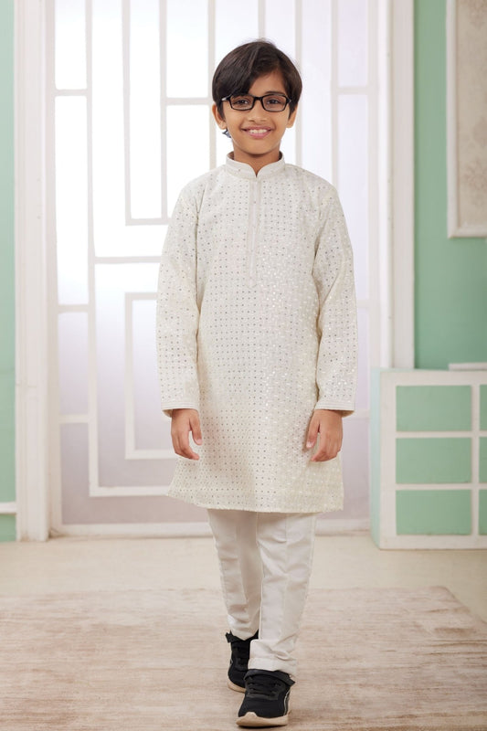 Off - White Mirror Embroidered Festive Wear Kurta Pajama Set for Boys - Mangaldeep NX