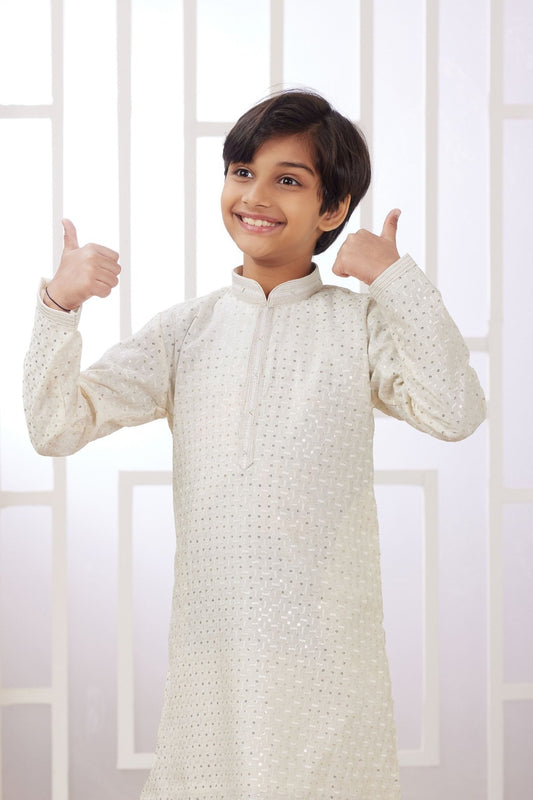 Off - White Mirror Embroidered Festive Wear Kurta Pajama Set for Boys - Mangaldeep NX