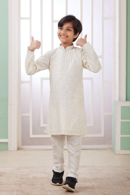 Off - White Mirror Embroidered Festive Wear Kurta Pajama Set for Boys - Mangaldeep NX