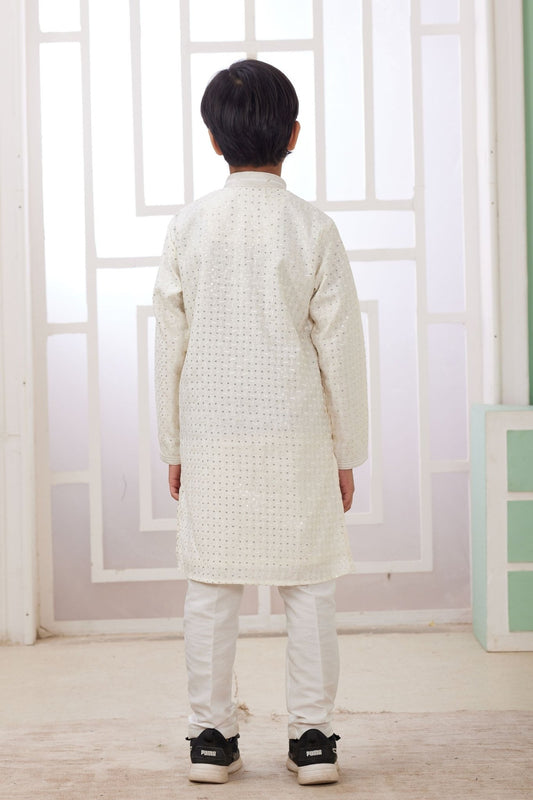 Off - White Mirror Embroidered Festive Wear Kurta Pajama Set for Boys - Mangaldeep NX